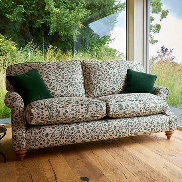 St Mawes 3 Seater Sofa in RHS Collection Gertrude Jekyll Trailing Vine Green with scatters in Linwood Omega Velvet Hunter Green